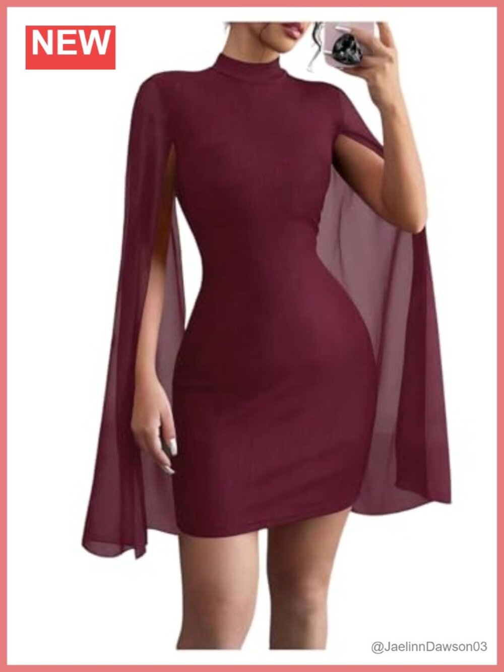 Cocktail Dress Cape Sleeve Mock Neck Bodycon Rib Knit Mini Party